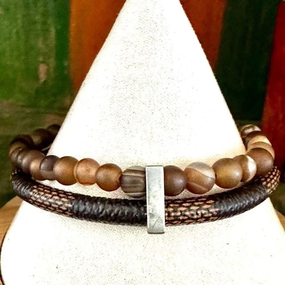 Murtoo Men’s Bracelet – Brown Agate Beads & Braided Leather with Black Stainless